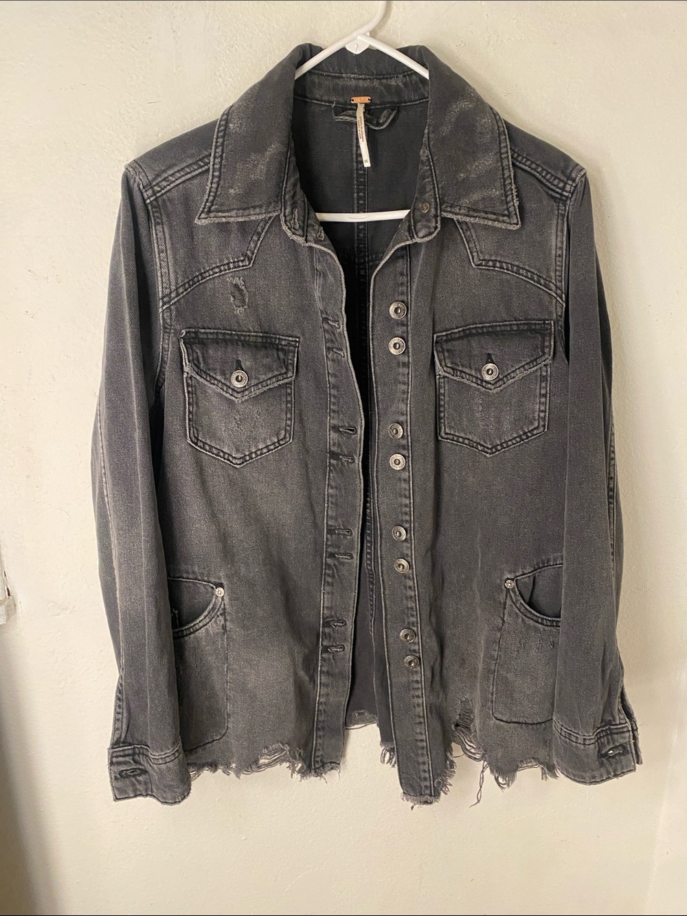 Free People Faded Black Distressed Denim Jacket